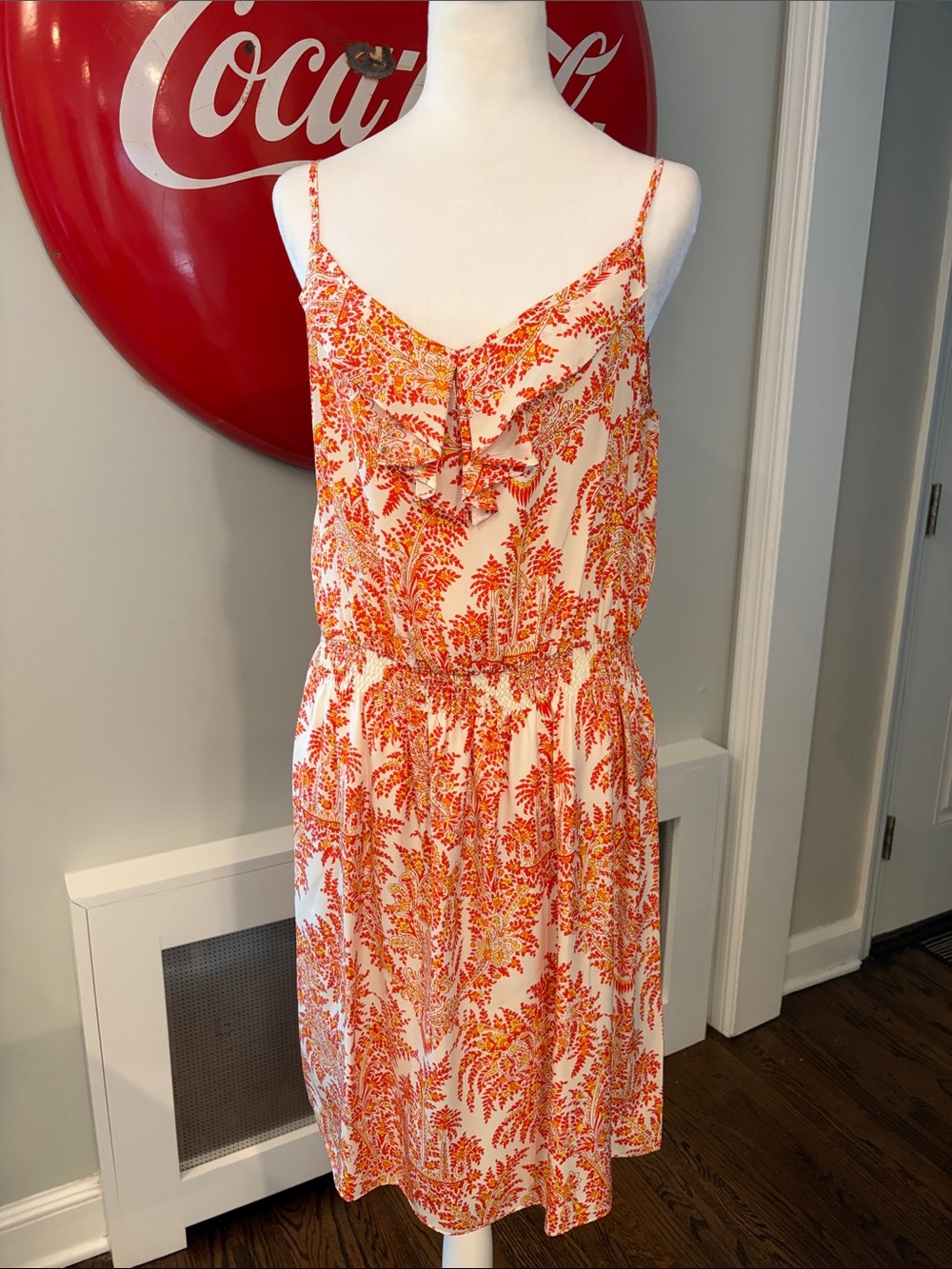 J. McLaughlin 100% Silk Spaghetti Strap Ruched Waist Boho Sundress, size L
